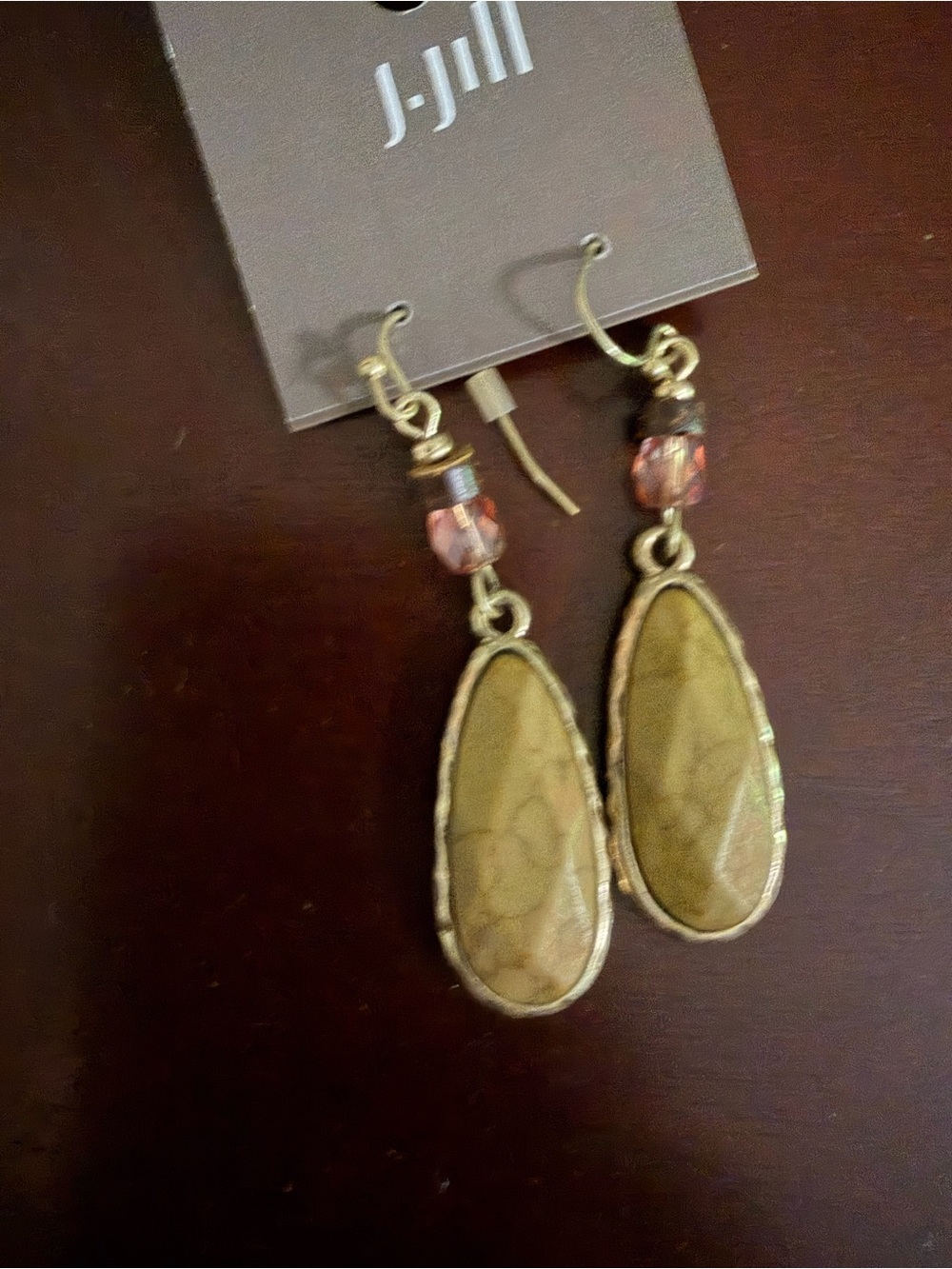 J. Jill Olive Green Teardrop Stone Dangle Earrings with Pink Accent